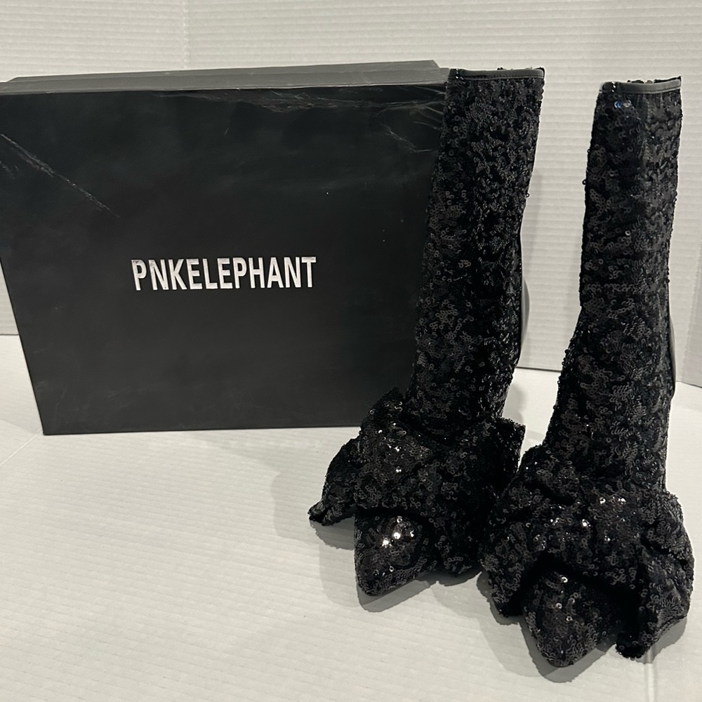 PNKELEPHANT Black Sequin Ankle Boots with Bow, Size 40 - New in Box